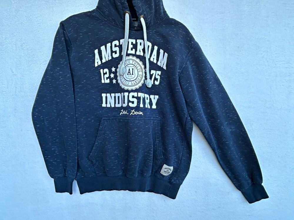 Amsterdam Industry Men's Blue Graphic Logo Fleece Pullover Hoodie Pockets M(Read